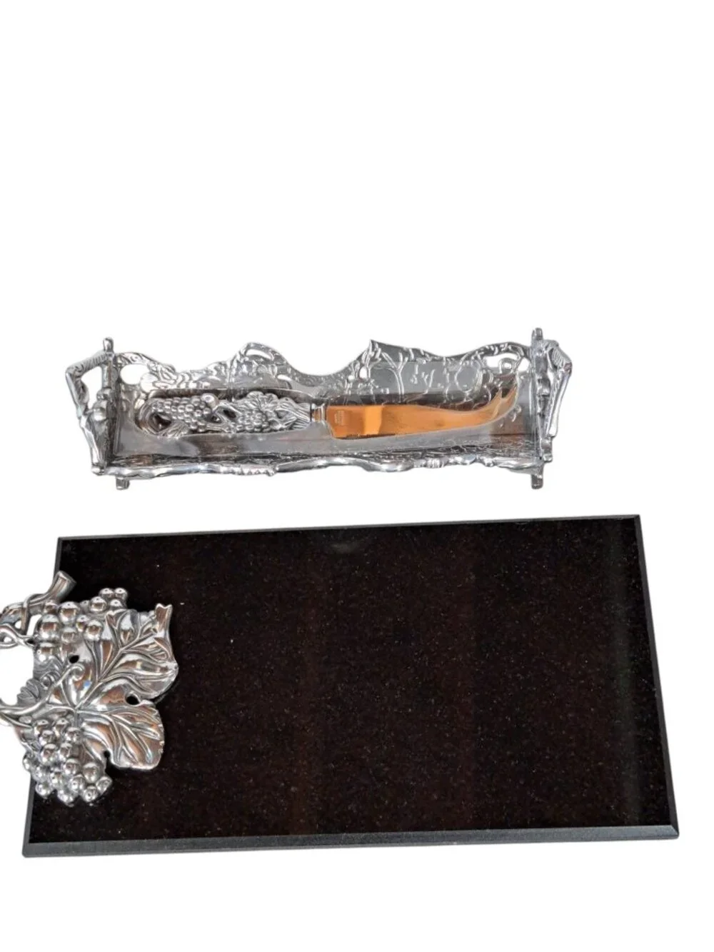 Arthur Court Cheese Cracker Pewter Grapes Black Marble 3 Piece Serving Set New